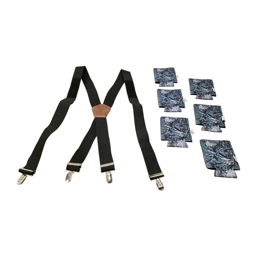 Six Pack Suspenders with 6 Detachable Big Woody Camo 12oz Can Coolies Hunting Tailgating and BBQing